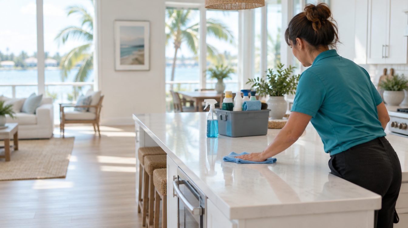 Tidy Up Services house cleaner wiping down a kitchen island in a bright Jacksonville home