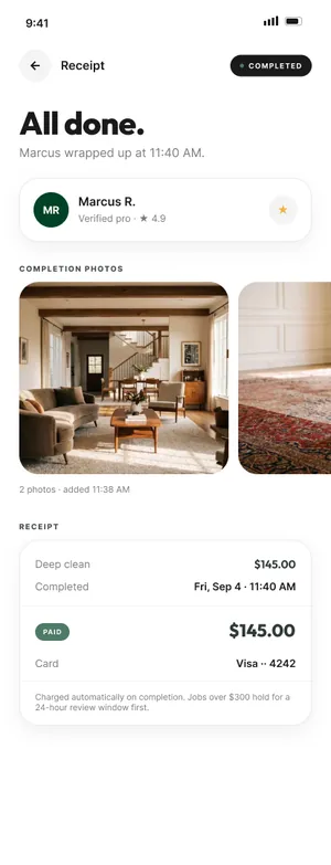 Domas & Co. app, completed job with photos and receipt