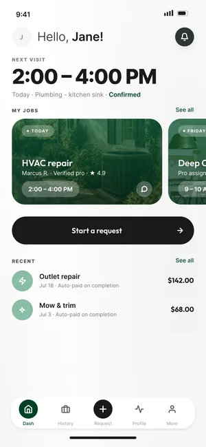Domas & Co. app, home screen with the Start a request button