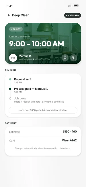 Domas & Co. app, live job with the assigned pro