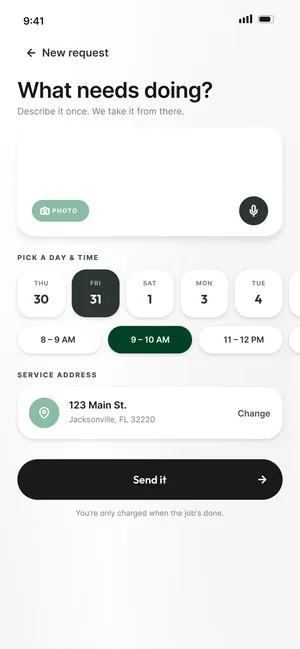Domas & Co. app, new request with the day, window and price range