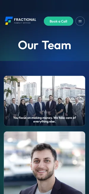 Fractional Family Office website, Our Team page on a phone