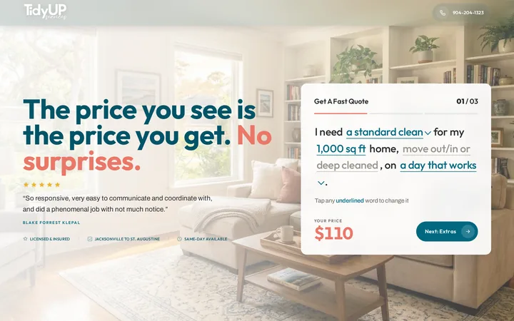 Tidy Up quote funnel, price shown before the visitor leaves the page