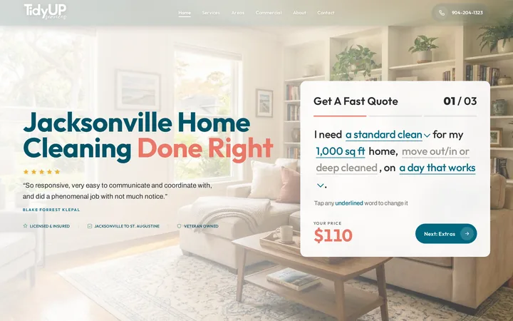 Tidy Up Services website, home page hero with the instant quote form