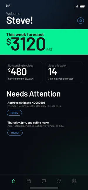 Xaedros app, home with the weekly forecast and items that need attention